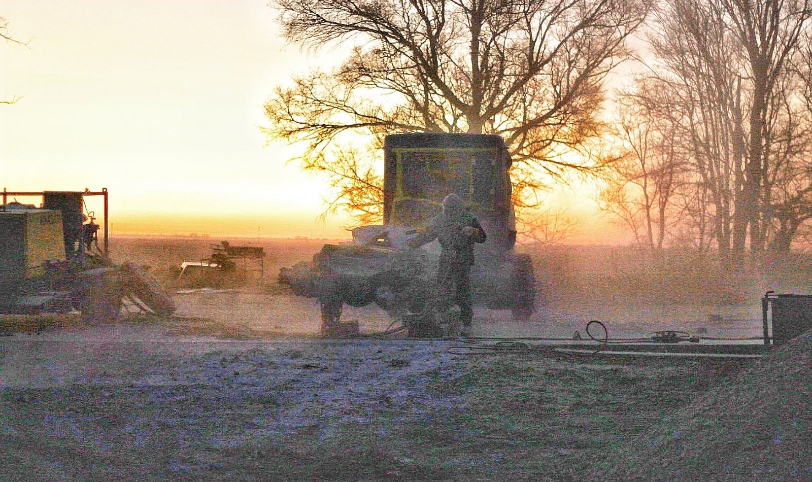 Sandblasting work at sunset